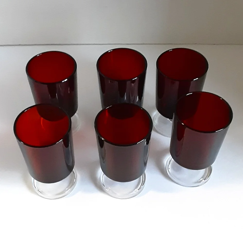 6 Wine or Sherry Goblets Luminarc France Vintage Ruby Red Glasses Clear Stems - Picture 3 of 4